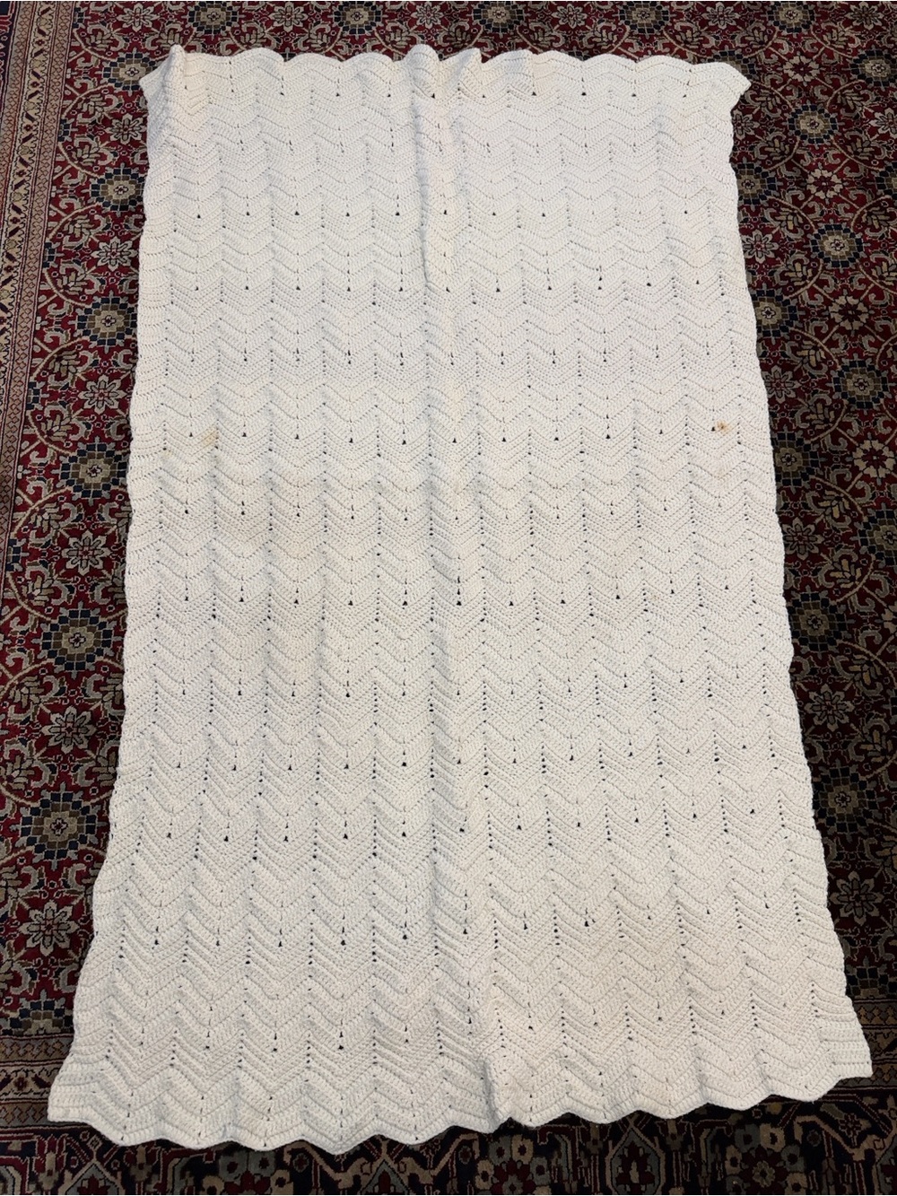 Vintage Cream Handmade Crochet Chevron Throw Blanket - Unbranded